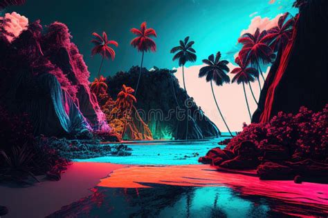 Tropical Beach Landscape with Shifted Saturated Colors - AI Generated Stock Illustration ...