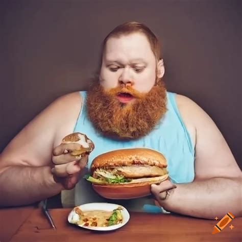 A Man Very Fat Ginger Eating A Burger In A Restaurant With A Beard