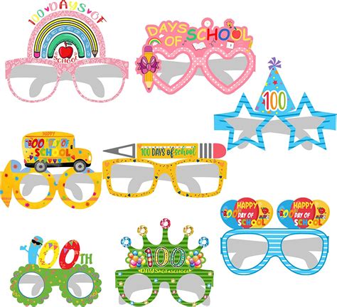 32 Pcs 100th Day Of School Paper Glasses 8 Designs 100 Days Celebration Paper