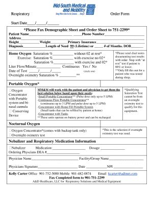 Fillable Online Respiratory Order Form Start Date Fax Email Print