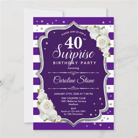 Surprise 40th Birthday Purple Silver White Invitation Zazzle