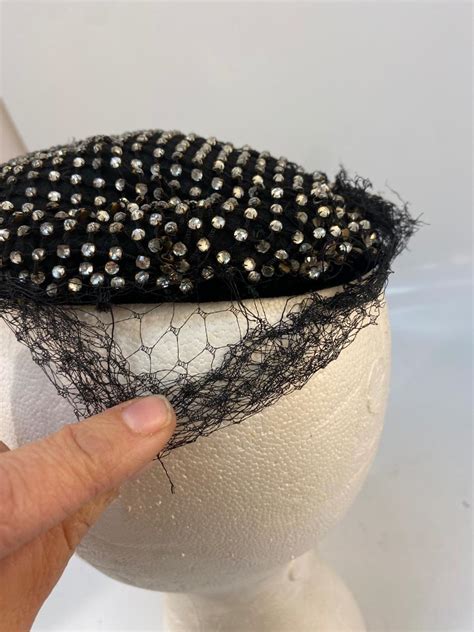 Vintage Black Small Fascinator Skull Cap Hat With Rhinestones Netting