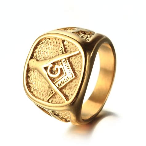 Cool Mens Gold Free Mason Freemasonry Masonic Ring 316L Stainless Steel