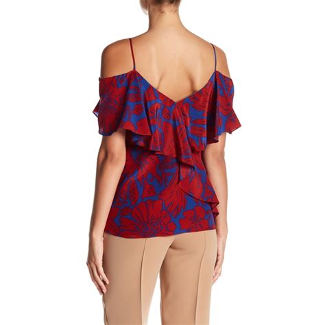 Diane Von Furstenberg Ruffle Cold Shoulder Floral Silk Blouse EvaChic