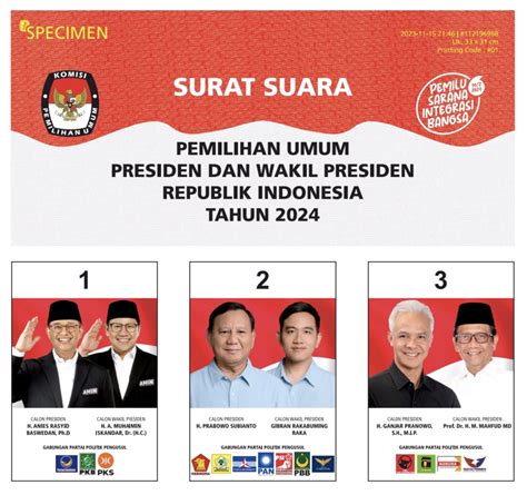 KPU Rilis Desain Surat Suara Pilpres 2024 Tiga Paslon Pilih Gaya Berbeda