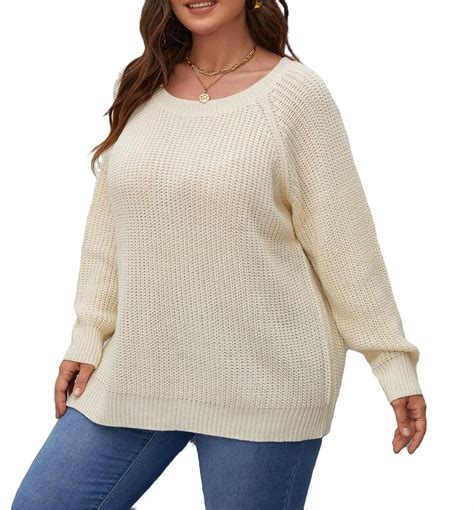 Casual Plain Round Neck Pullovers Long Sleeve Apricot Plus Size