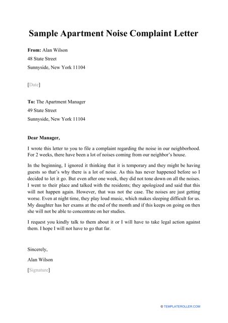 Sample Apartment Noise Complaint Letter Download Printable PDF ...