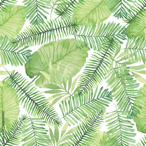 Tropical Seamless Pattern With Leaves Watercolor Background With