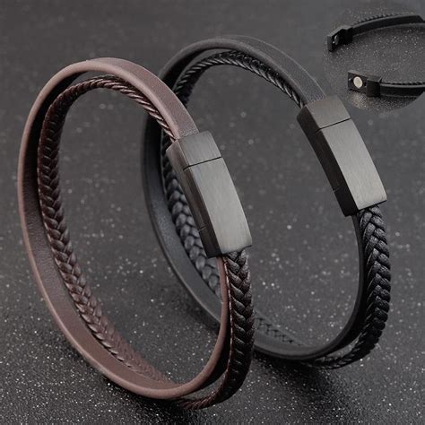 Jiayiqi Double Layer Braided Leather Bracelet For Men Black Brown