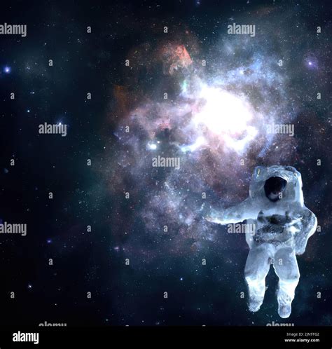 Astronaut In Spacesuit In Outer Space And Flying Ufo Around Him