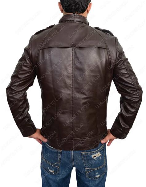 Slim Fit Dark Brown Leather Jacket - Button Pocket Biker Jacket