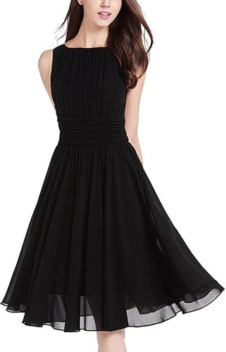 MILEEO Damen Chiffon Kleid Knielang mit Plissee Falten Ärmellos