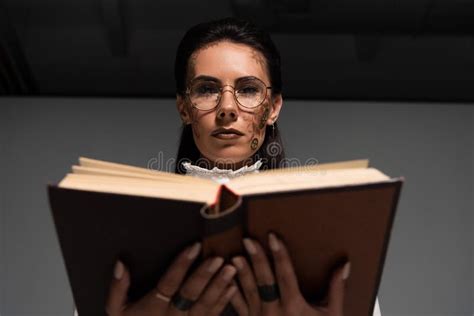 Focus Of Steampunk Woman In Glasses Reading Book Stock Image Image Of Details Girl 196981447