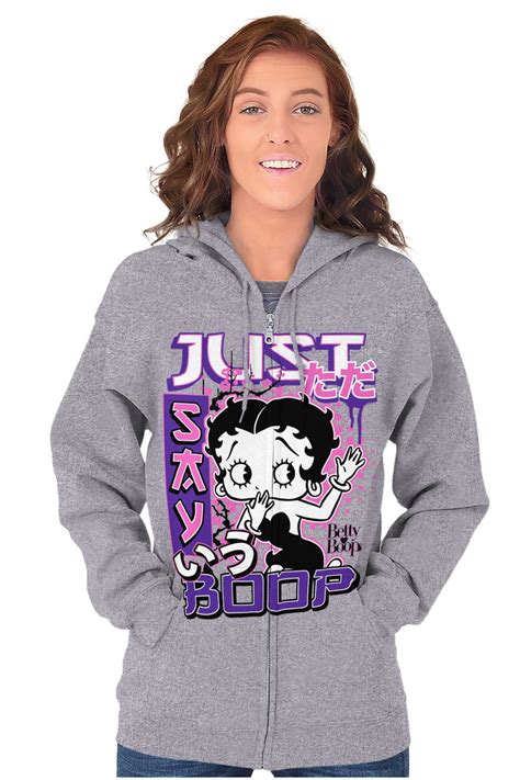 Kanji Style Cartoon Just Say Boop Zip Hoodie Sweatshirt Women Brisco