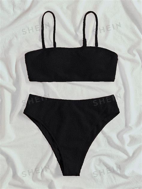 Shein Swim Mono Textured Bikini Set Wireless Bra Top High Waist