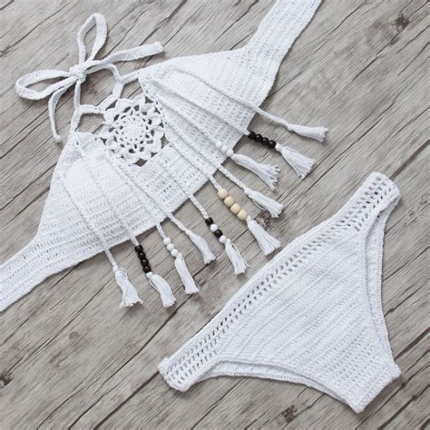 Hot Swimwear Women Crochet Bikini Top Tassel Beachwear Set Handmade