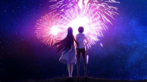 Senjougahara and Araragi watch fireworks. : anime