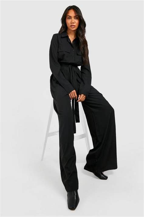 Woven Collared Wide Leg Jumpsuit Boohoo Uk