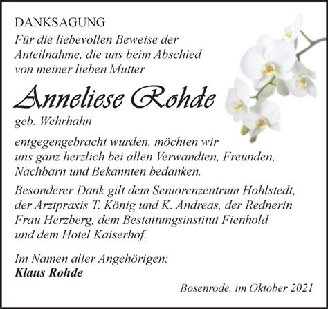 Traueranzeigen Von Anneliese Rohde Abschied Nehmen De