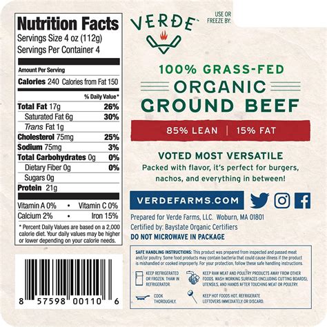 Verde Farms Organic 100 Grass Fed Ground Beef 85 15 1 Lb