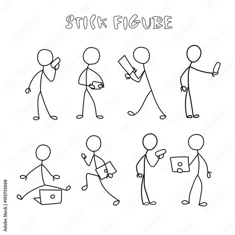 Set Stick Figure People With Gadgets Simple Men And Women Black