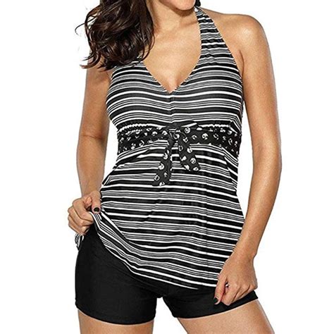 2018 Plus Size Women Swimwear Halter Two Piece Retro Tankini Swimsuit