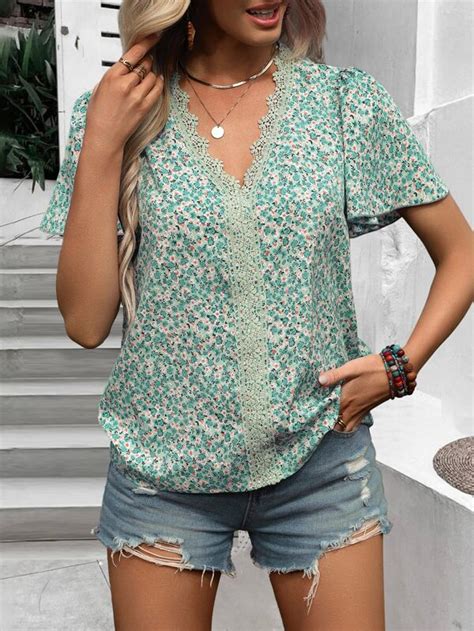 Shein Lune Ditsy Floral Print Guipure Lace Trim Butterfly Sleeve Blouse Shein Usa