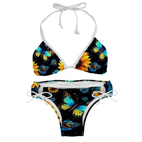 Starry Sky Sunflower Butterfly Adjustable Strap Bikini Set With