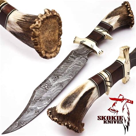 Skokie Knives Damascus Steel Hunting Knife Stag Antler Handle With Burl