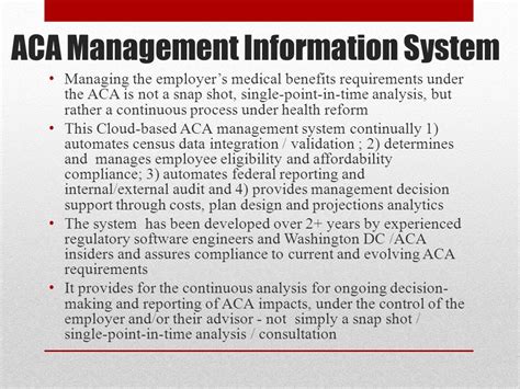 Ongoing Aca Management Information System For Compliance Cost