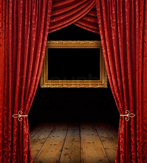 Red stage curtains reveal golden frame ... | Stock image | Colourbox