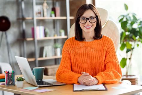 Portrait Of Attractive Friendly Recruiter Girl Sitting Leather Chair