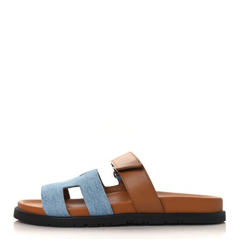 Hermes Denim Calfskin Womens Chypre Sandals Bleu Clair Naturel