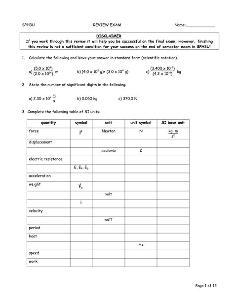 Grade Physics Exam Review