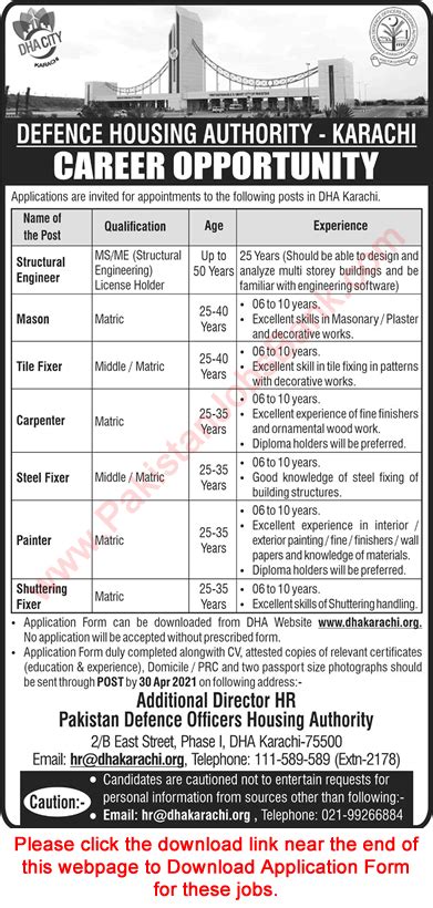 Dha Karachi Jobs 2021 April Application Form Defence Housing Authority