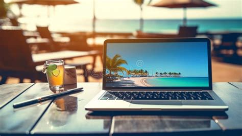 Laptop On Wooden Table On The Beach Tropical Sea Vacation Resort