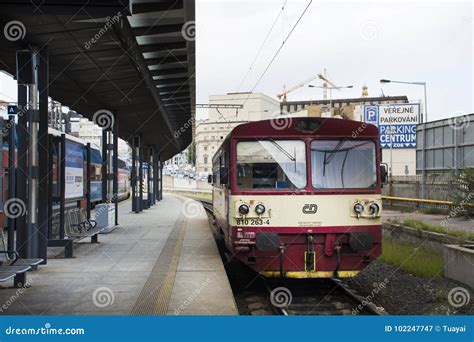 Red Classic And Retro Train At Prague Main Railway Station Or Praha