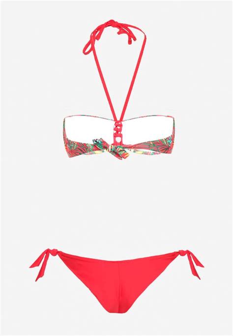 Czerwone Bikini Góra Wiązana na Szyi i Plecach z Ozdobną Plecionką