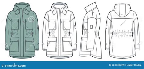 Parka Coat Technical Fashion Illustration Winter Jacket Fashion Flat Technical Drawing Template