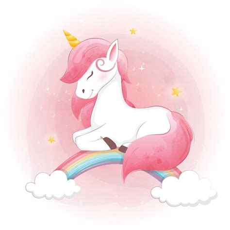 Lindo Unicornio Y Arco Iris Sobre Fondo De Cielo Rosa Vector Premium