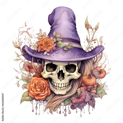 Witch Skull Watercolor Clipart Collection Skull Illustration Skull