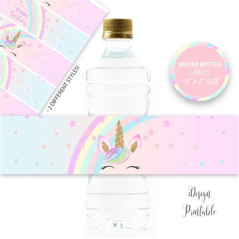 Rainbow Unicorn Water Bottle Labels Floral Unicorn Water Etsy