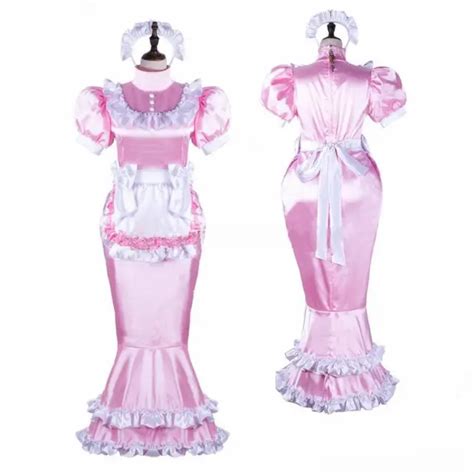 Girl Sissy Sexy Maid Pink Satin Lockable Fishtail Dress Cosplay Costume