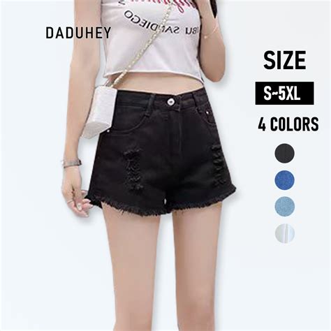 Daduhey Baju Raya Korean High Waist Ripped Denim Shorts Loose