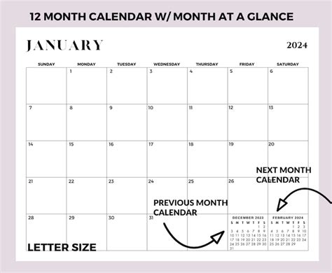 12 Month Calendar 2024 Printable, 2024 Blank Calendar Planner With Sunday & Monday Start, Month ...