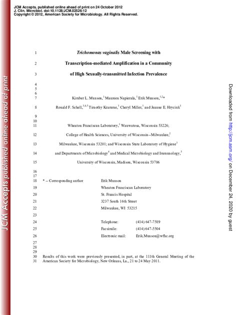 Fillable Online Jcm Asm Trichomonas Vaginalis Male Screening With Of