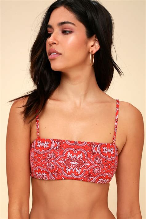 Frankies Bikinis Joy Red Print Bikini Top Bandeau Bikini Lulus