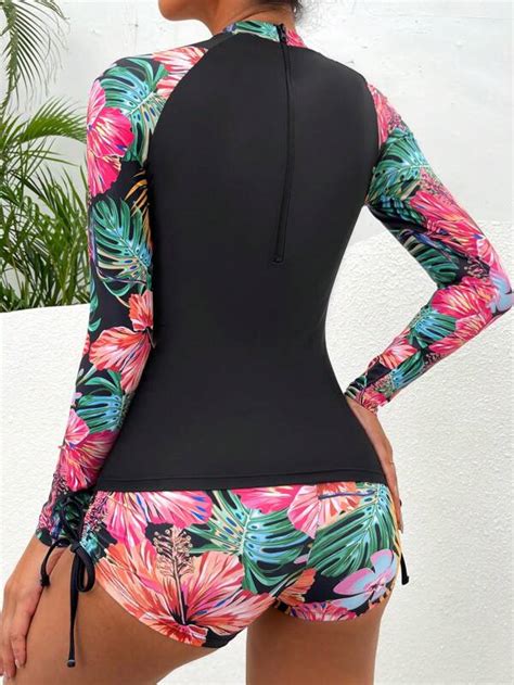 Shein Swim Sprty Tropical Print High Neck Drawstring Side Bikini Swimsuit With Long Sleeve Swim