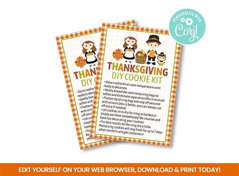 Editable Thanksgiving Diy Cookie Kit Instructions Cookie Packaging