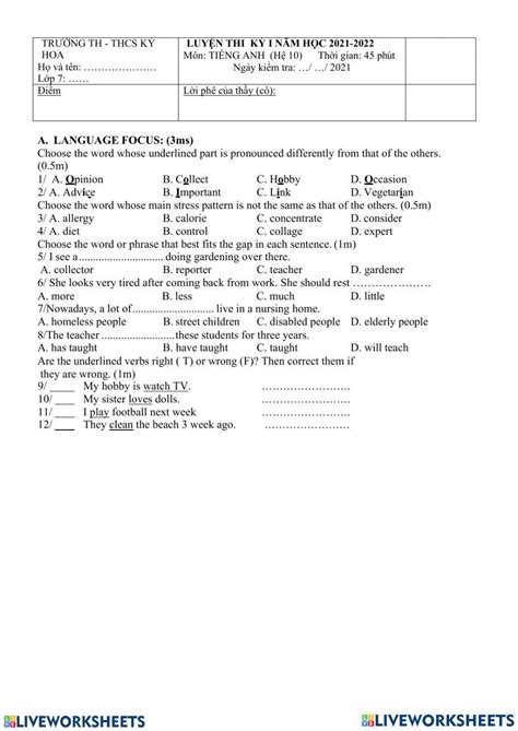 Bai Tap Anh 7 10 Nam Worksheet Live Worksheets